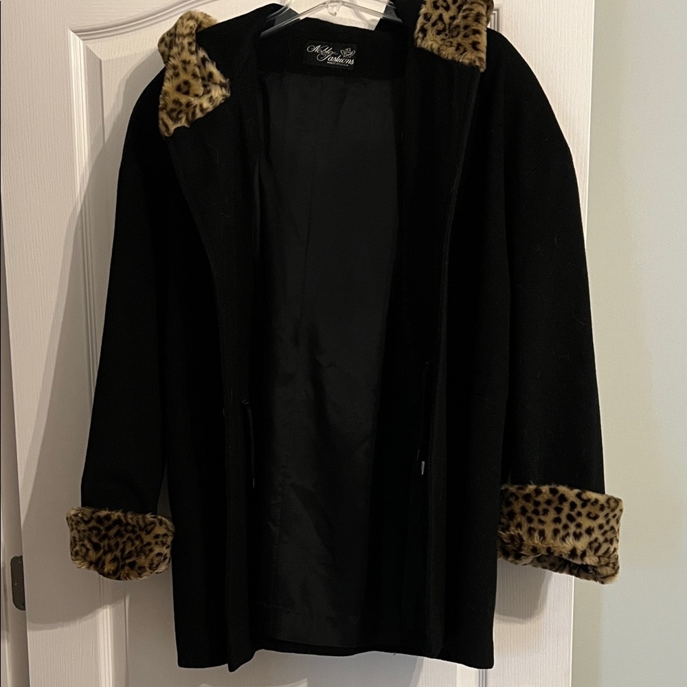 Leopard Trim Black Women's Coat